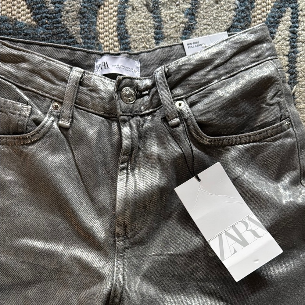 NWT Zara Silver Metallic wide leg Jeans size 0 - Picture 6 of 8